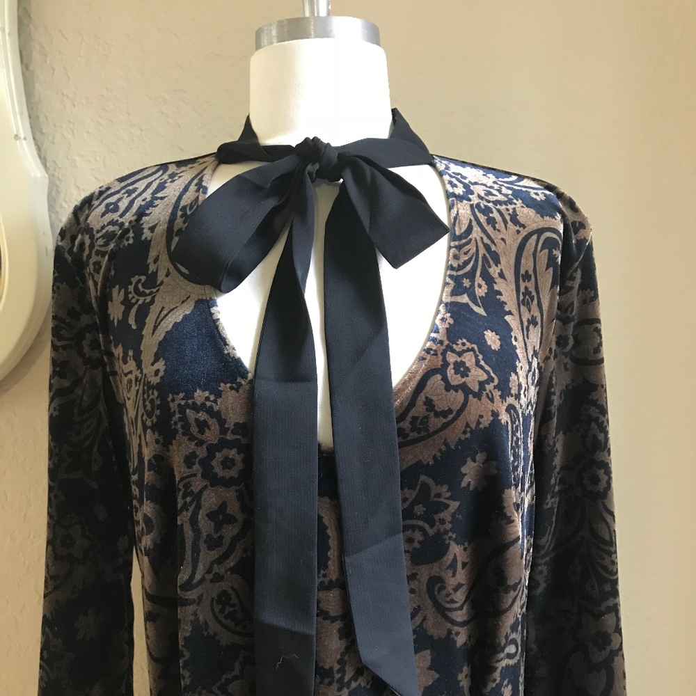 Eloquii Navy and Brown Long Sleeve Tie Neck Dress